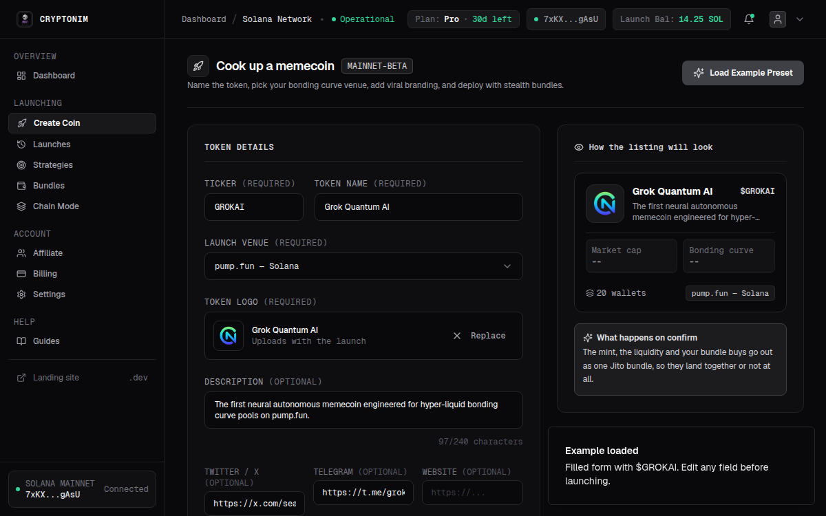 Cook up a memecoin token creator in Cryptonim dashboard