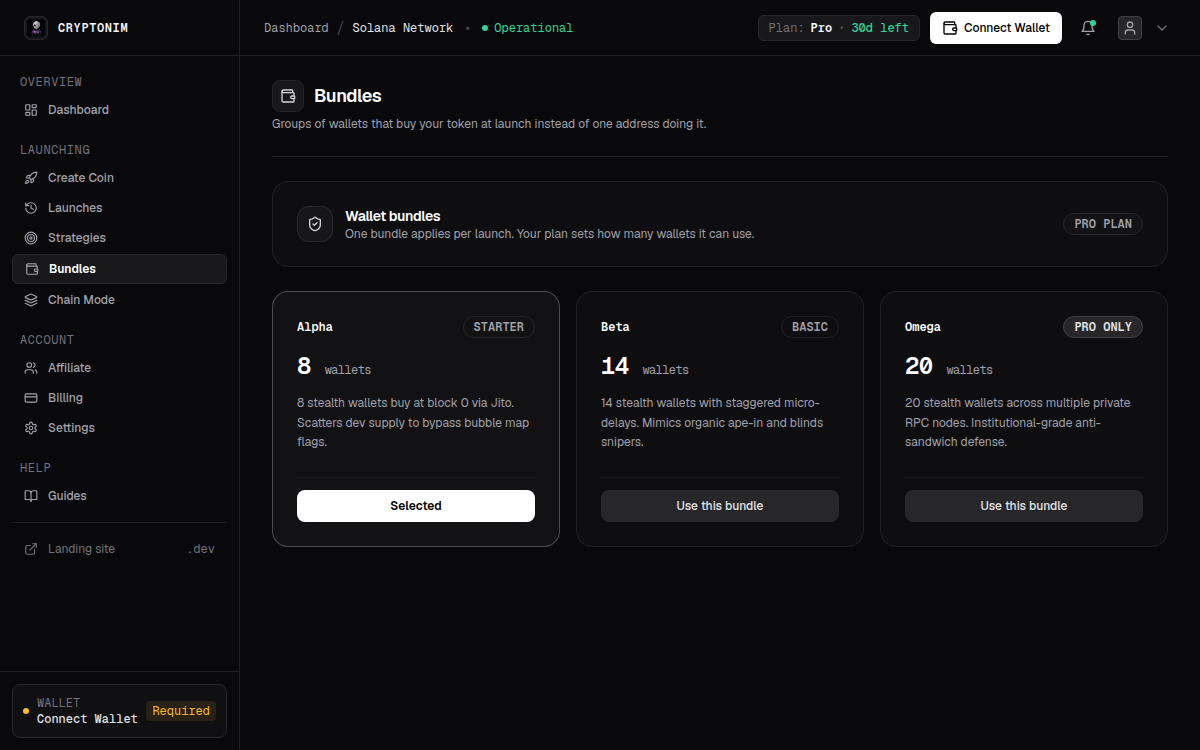 Pre-warmed multi-wallet bundle selection in Cryptonim dashboard