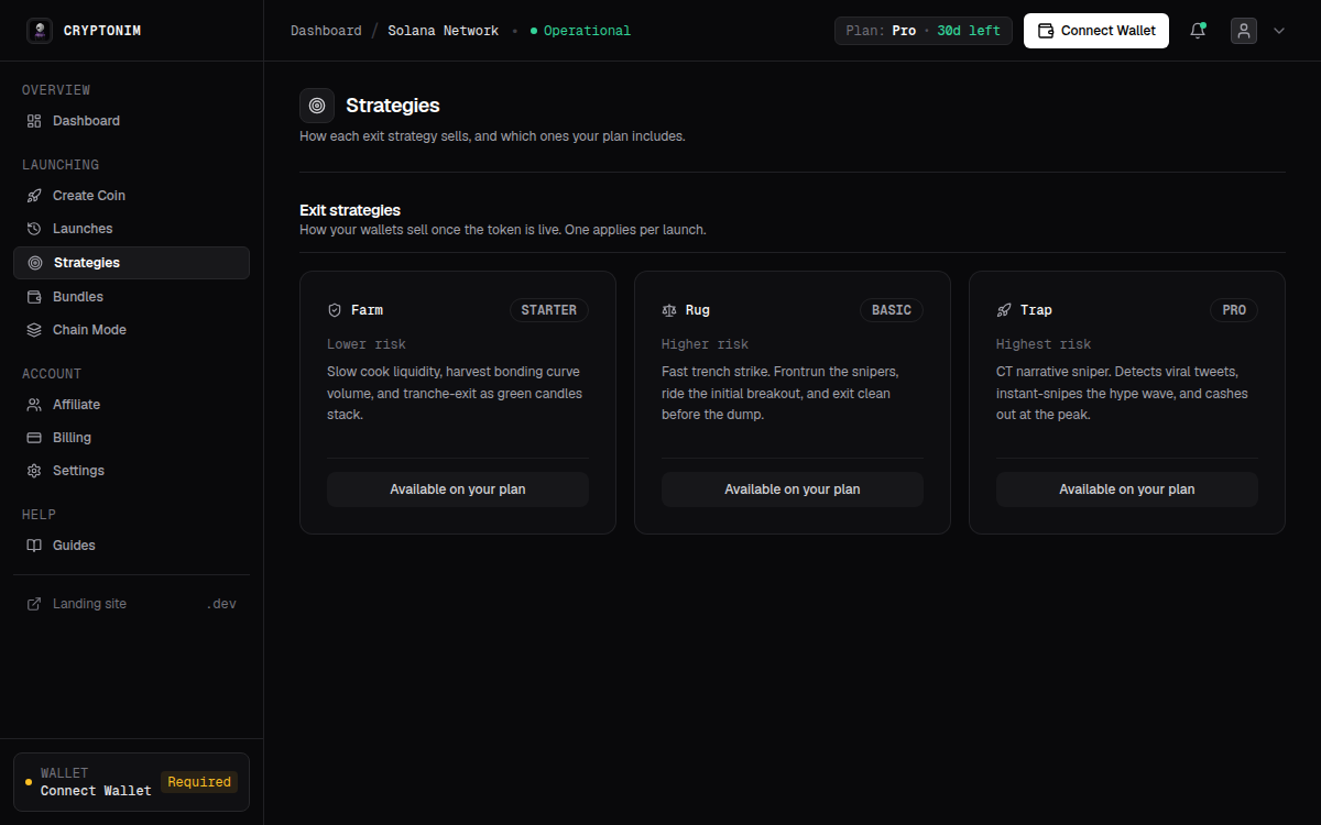 Algorithmic exit strategy selection in Cryptonim dashboard