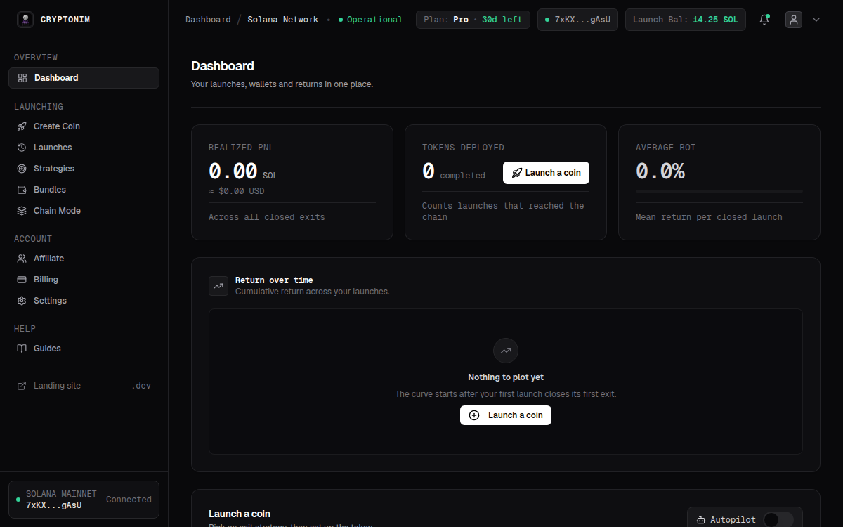 Real-time dashboard launch telemetry, realized PnL, and ROI curve